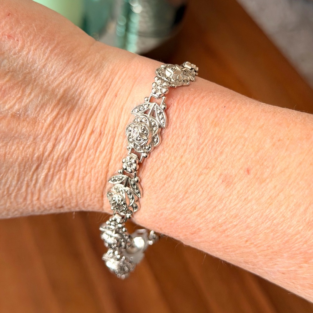 Elegant Silver Floral Marcasite Bracelet